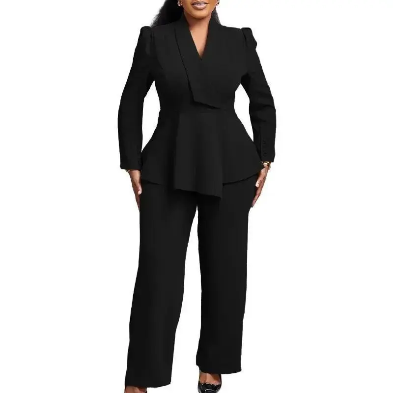 Women's Plus Size 2-Piece Suit Set - S–XXXL Fit Range, Chic Solid Polyester Blazer, Matched Top & Pants, Elegant Long Sleeve Formal Outfit (Black, Blue)