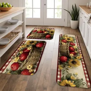 Fruit Kitchen Mats for Floor, Rustic Farmhouse Red Apples and Sunflowers Soft Mats, Cushioned Comfort Washable Decor Rugs for Kitchen Sinks Laundryroom 3Pcs