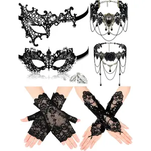 6 count Masquerade Mask for Women Lace Mask Choker Necklace Glove for Valentine Party Couple Masquerade Ball 80s 90s
