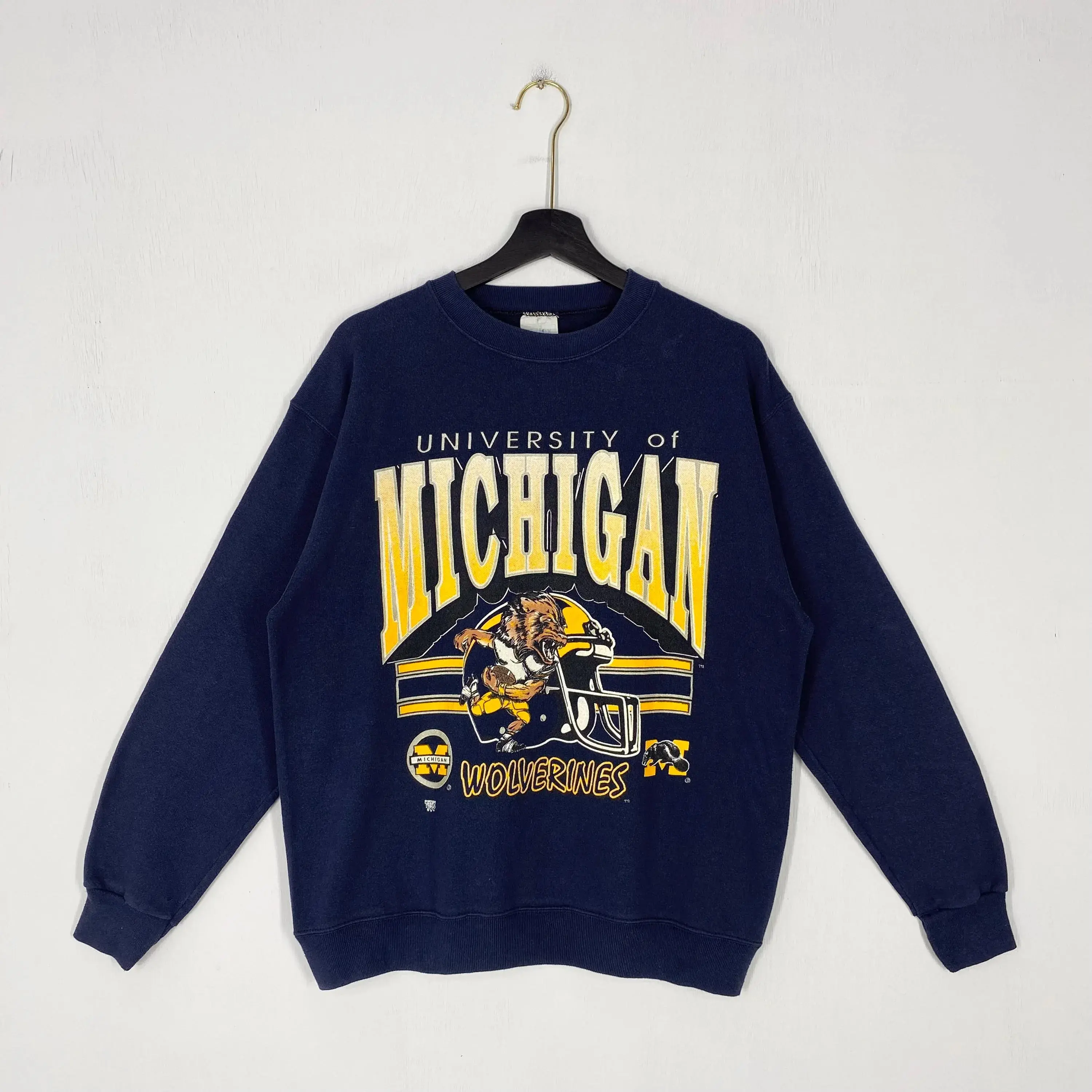 Vintage 90s University Michigan Sweatshirt Crewneck Pullover Michigan Wol/ve/r/in/es Print Logo Blue