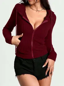 Women's Casual Knit Ribbed Sweater with Hood, Pockets, Long Sleeve Zip Design, Plain Style, Slim-Fitting, Perfect for Everyday Wear & Work