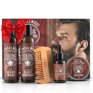 Viking Revolution Ultimate Beard Care Kit For Men - Sandalwood Scented Beard Wash Conditioner Oil Balm Comb - Thickening Nourishing Gift Set