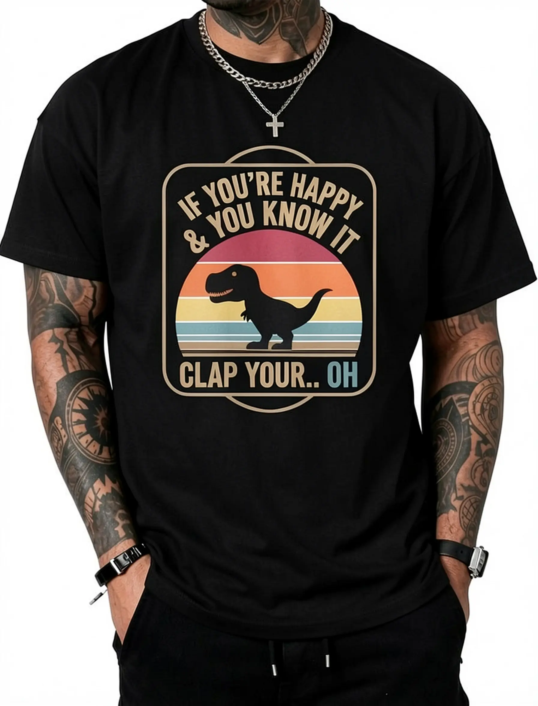 Men's Vintage T-Rex Graphic T-Shirt, Funny Cute Dinosaur Print, 100% Cotton Short Sleeve Crew Neck Top, Dinosaur Men's Short-Sleeve T-Shirts
