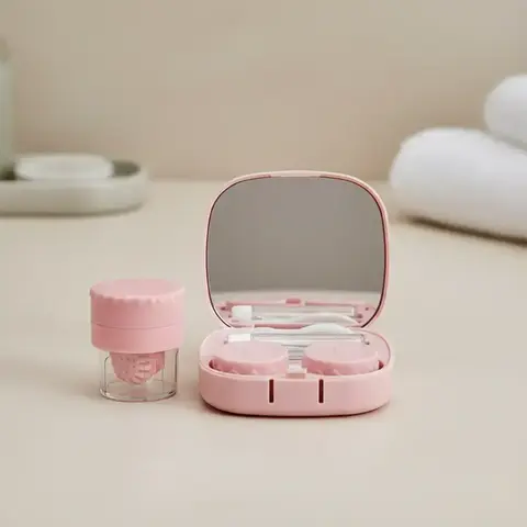 Contact Lens Case with Cleaner Washer, Pocket-Size Travel Contact Lens Applicator and Removal Tool Kit with Mirror, Contact Lens Storage Box for Home and Travel Essentials, Lens Cleaning