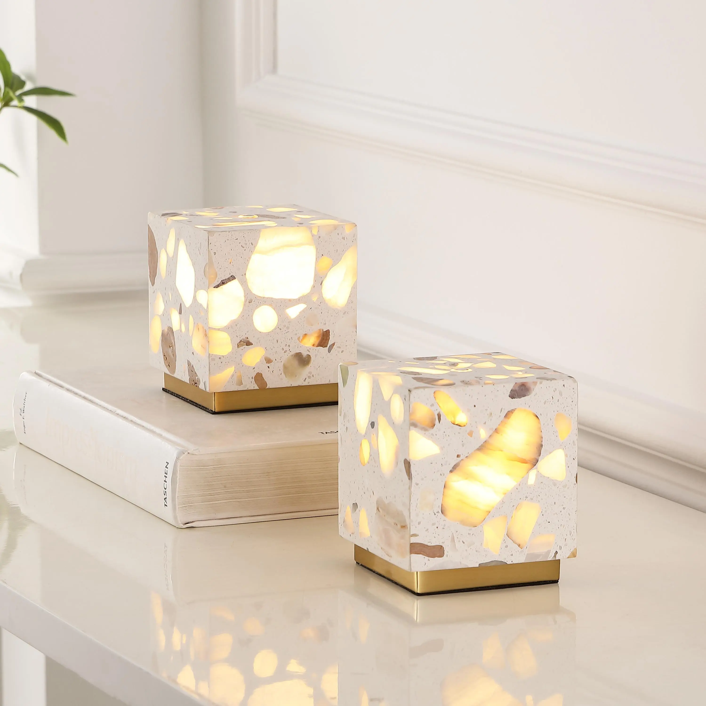 JONATHAN Y Lara 4.63" Mini LED Cordless Set of 2 - 2W Wireless Portable Lamp, Terrazzo Cubed Modern Glam Metal Base Nightstand Light, Rechargeable Dimmable Touch Control, Integrated Design, LED Lights Bedroom Decor