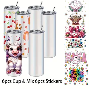 12pcs 20OZ Stainless Steel Tumblers Skinny Straight Blanks Set Includes 4 Cups & 6 UV DTF Wraps for Heat Transfer, UV DTF Wraps, Includes Lid, Straw, White Box - Ideal for Holiday Gift