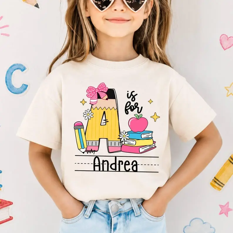 (DM or NOTE) Youth Personalized Alphabet Name Letter T-Shirt, Custom Kids Name School Shirt, Pencil Name Back to School Shirt, Toddler First Day of School Tee