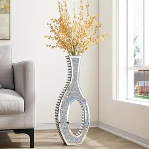 SHYFOY Crushed Diamond Mirrored Floor Vase 30” Tall Large Silver Vase for Luxury Home Decor Living Room Office Bedroom Kitchen