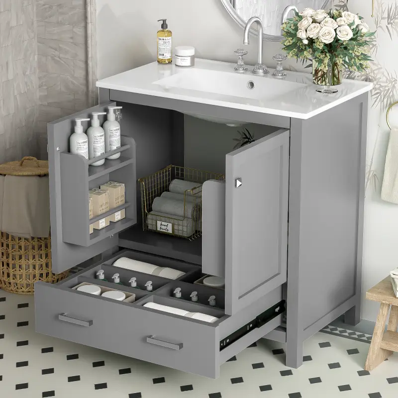 30" Gray Bathroom Vanity with Single Sink, Combo Cabinet Undermount Sink, Bathroom Storage Cabinet with 2 Doors and a Drawer, Soft Closing, Multifunctional Storage, Solid Wood Frame   WL RR