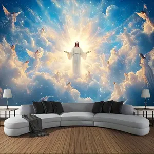 1pc Heaven Jesus and Angel Background Cloth - Heavenly scene and radiant clouds, durable polyester suitable for weddings, birthdays, graduation ceremonies, Easter, religious-themed decorations. Bright starry design. Outdoor angel decoration.