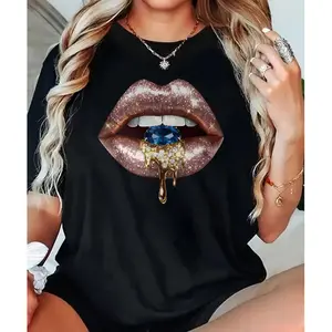 Glitter Lips with Sapphire Print Short Sleeve T-Shirt | Luxe Edgy Style Top