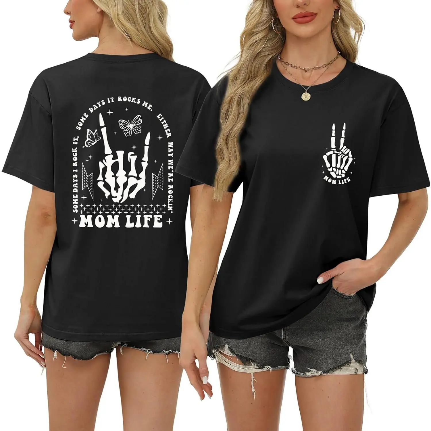 Mom Life Shirts for Women, Funny Oversized Mama T-shirt, Skeleton Graphic Tees Vintage Casual Short Sleeve T-Shirts Tops PLK0187