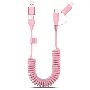 Coiled USB-C and Lightning Cable 2-in-1, 3FT iPhone 15 16 Car Charger Cord, 60W Fast Charging Cable for iPhone 16, Samsung Galaxy Supports Apple CarPlay & Android Auto (Pink)