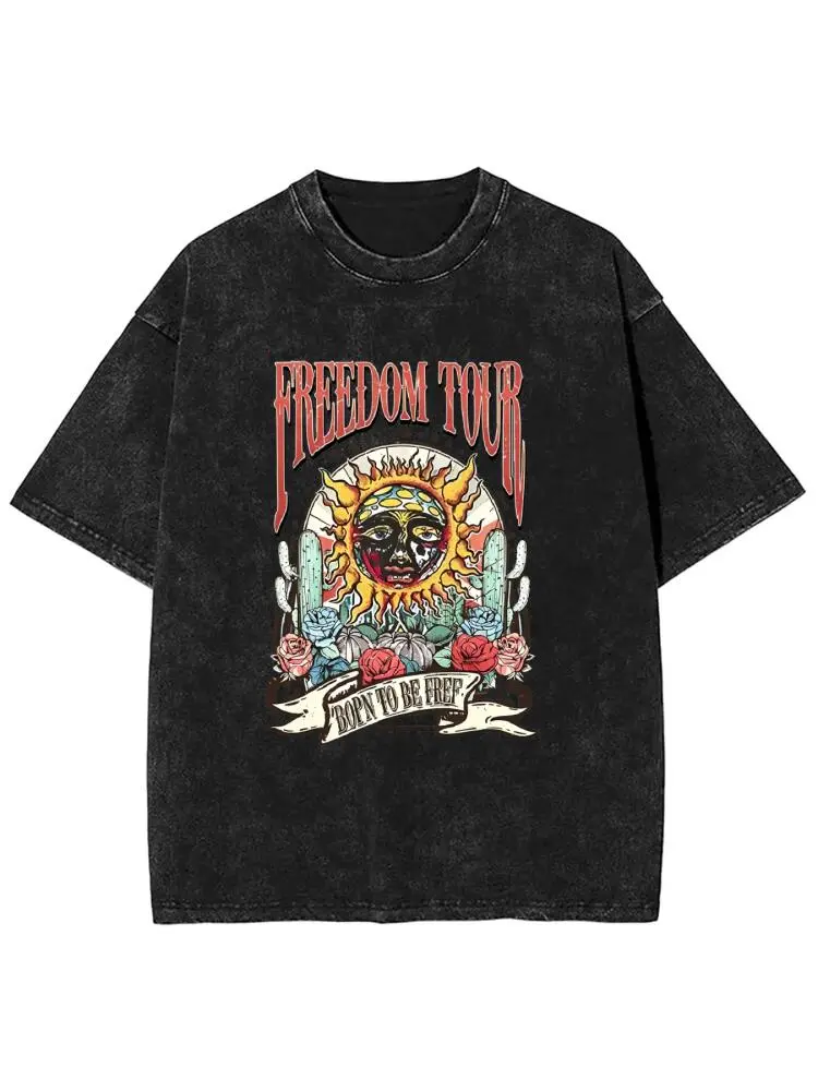 Retro Sublime style sun pattern T-shirt, heavyweight pure cotton Freedom tour band T-shirt, retro mineral washed summer music festival casual loose T-shirt