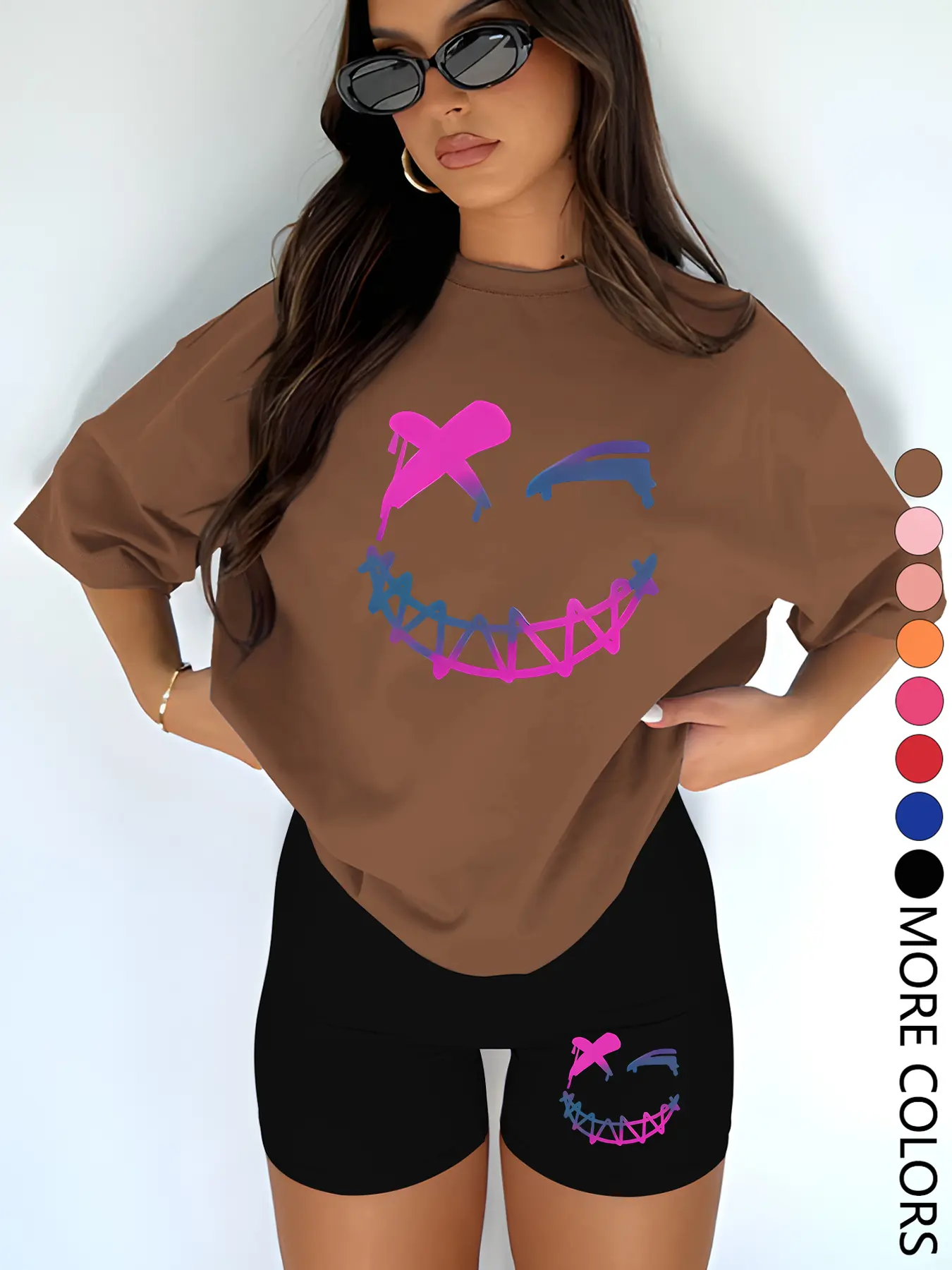 Women's Summer Casual Two-Piece Set Outfit, Knit Shorts Sets, Creative Expression Print Top & Shorts, Loose-Fit Round Neck Short Sleeve Knit Tee Shirt, Perfect for Multiple Occasions, Womenswear Clothes