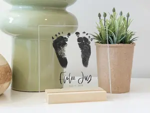 Personalized Acrylic Baby Footprint with Wood Stand - Unique Newborn Gift for Mom