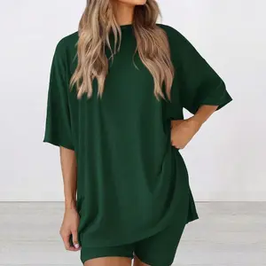 Women's 2 Piece Lounge Sets Summer Oversized T-Shirt and Biker Shorts Outfits Casual Side Slit Pajama Set