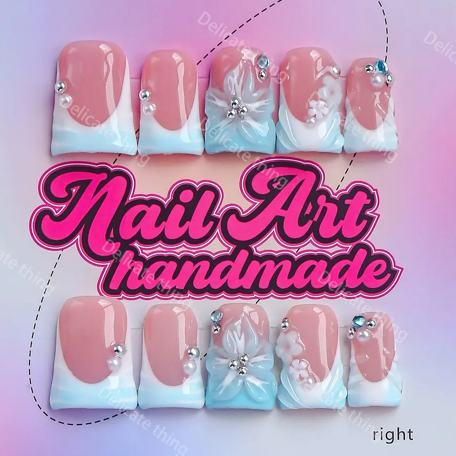 Delicatething Y2K Style Duckbill Nail Tips, Handmade Press On Wearable Nails, False Nails, Fake Nails, 4 Sizes XS S M L, Perfect Gift for Girls, Family Gatherings, Dates, Parties, Flower Nails