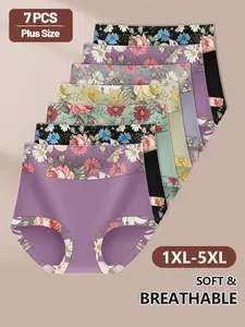 7-Pack Plus Size High-Waisted Underwear for Women, Tummy Control and Butt Lift, Floral Pattern, Elegant Chic Fitted Design, All Seasons, Panties, Floral Panties Set