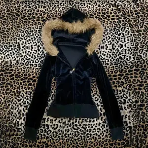 Emo Girls Black Fur Collar Zip-Up Sweatshirt Autumn/Winter Casual Long Sleeve Hoodie Fashion Sexy Slim Fit Streetwear Y2K