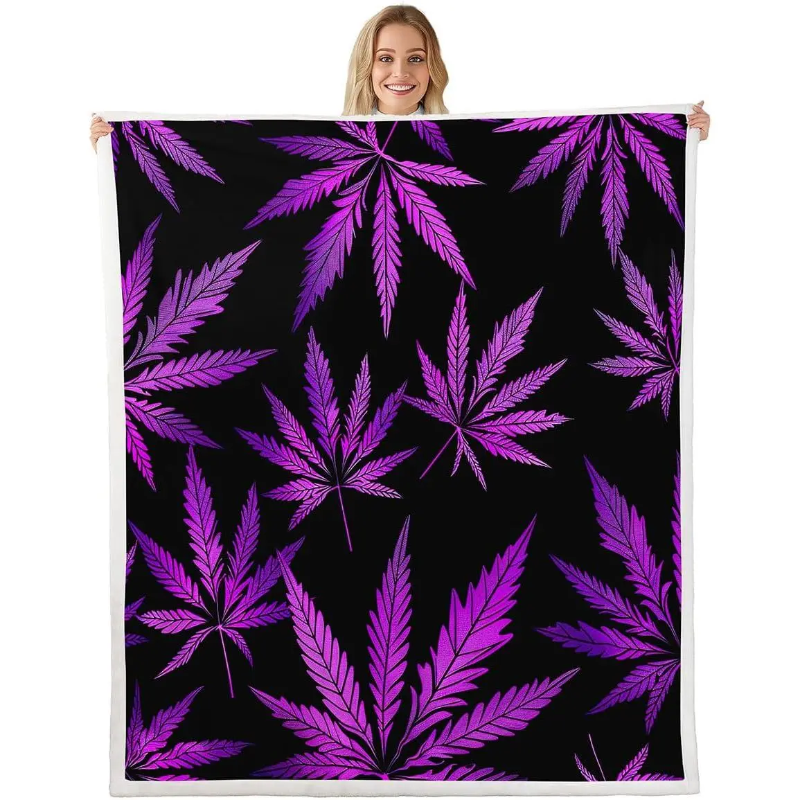 Sherpa Marijuana Leaf Botanical Fleece Throw Blanket for Kids Men Women Cannabis Leaves Plush Luxury Purple Hemp Fuzzy Blanket for Sofa Bed Couch