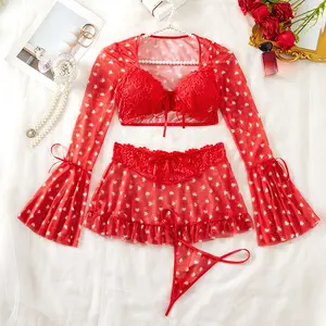 Women's 2-Piece Lady Lingerie Set - Heart Lace Top, Polka Dot Sheer Bell Sleeve Robe, Ruffled Shorts, Ideal Romantic Gift for Intimate Evenings