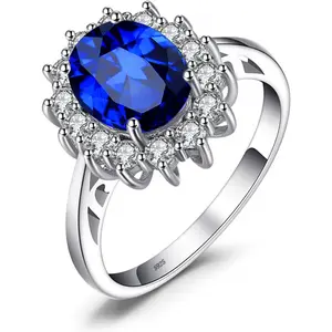 S925 Sterling Silver 14K Gold Plated Blue Zircon Halo Ring - White/Gold/Rose Gold for Engagement Promise