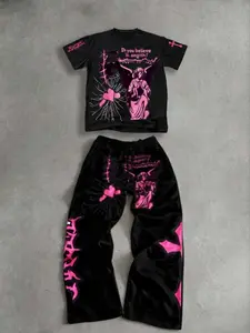 Men's Gothic Angel Print 2 Piece, Y2K Streetwear Oversized T-Shirt & Wide Leg Pants, Punk Graphic Tracksuit, Casual Summer Hip Hop Set