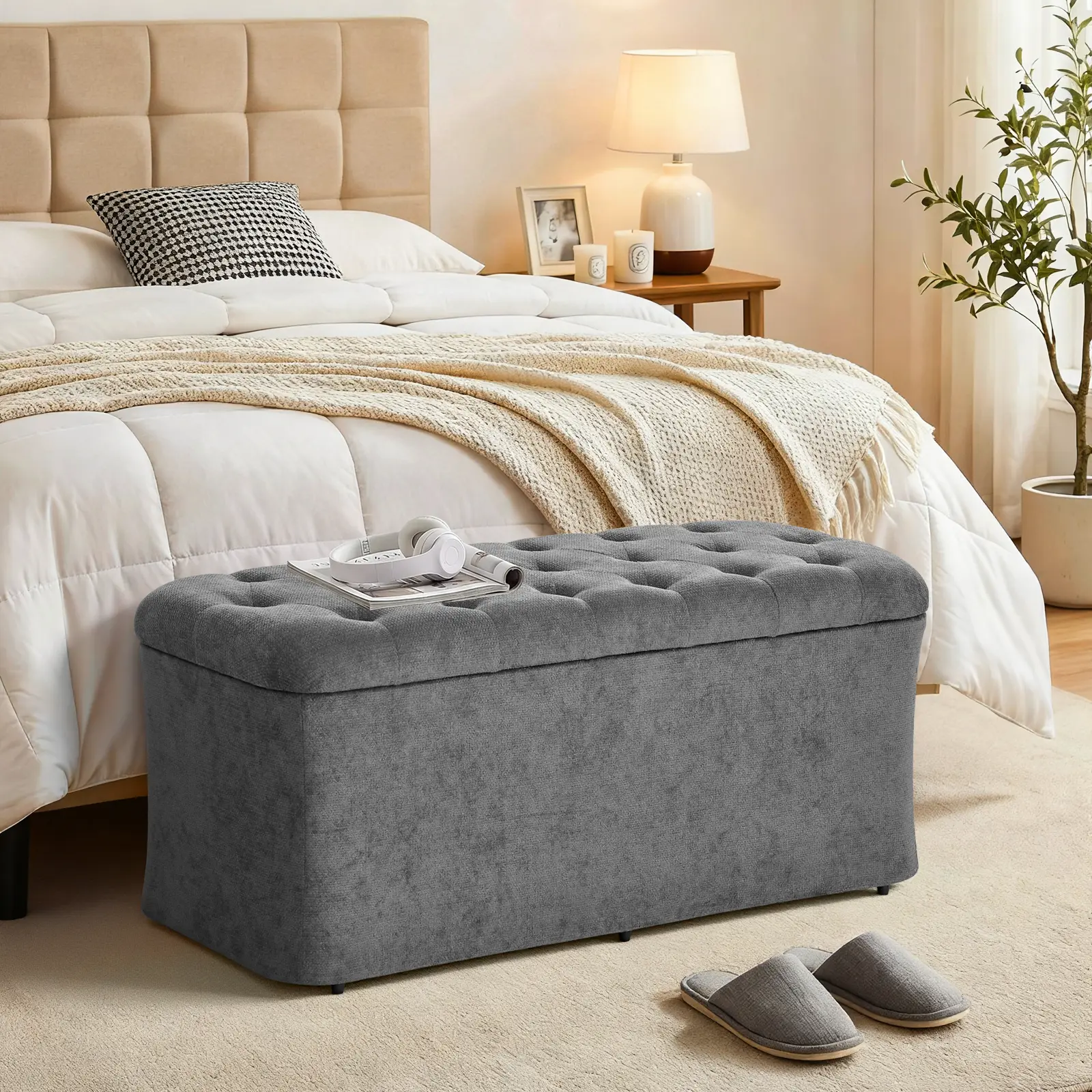 ONBRILL Tufted Upholstered Foldable Ottoman Bench - 39.8x18.1x17.7in Footstool with Storage, Beige Cushioned Chest, 330lbs Max Load for Bedroom, Entryway, End of Bed Seat, Tufted Upholstered Ottoman