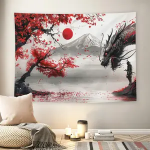 Japanese Dragon Samurai Mount Fuji Red Maple Wall Flag, Black Red Ukiyo-e Anime Style Tapestry, Mid-century Modern Black Flash Manga Room Decor for Adult Fans, Mystical Japanese Aesthetic Wall Hanging
