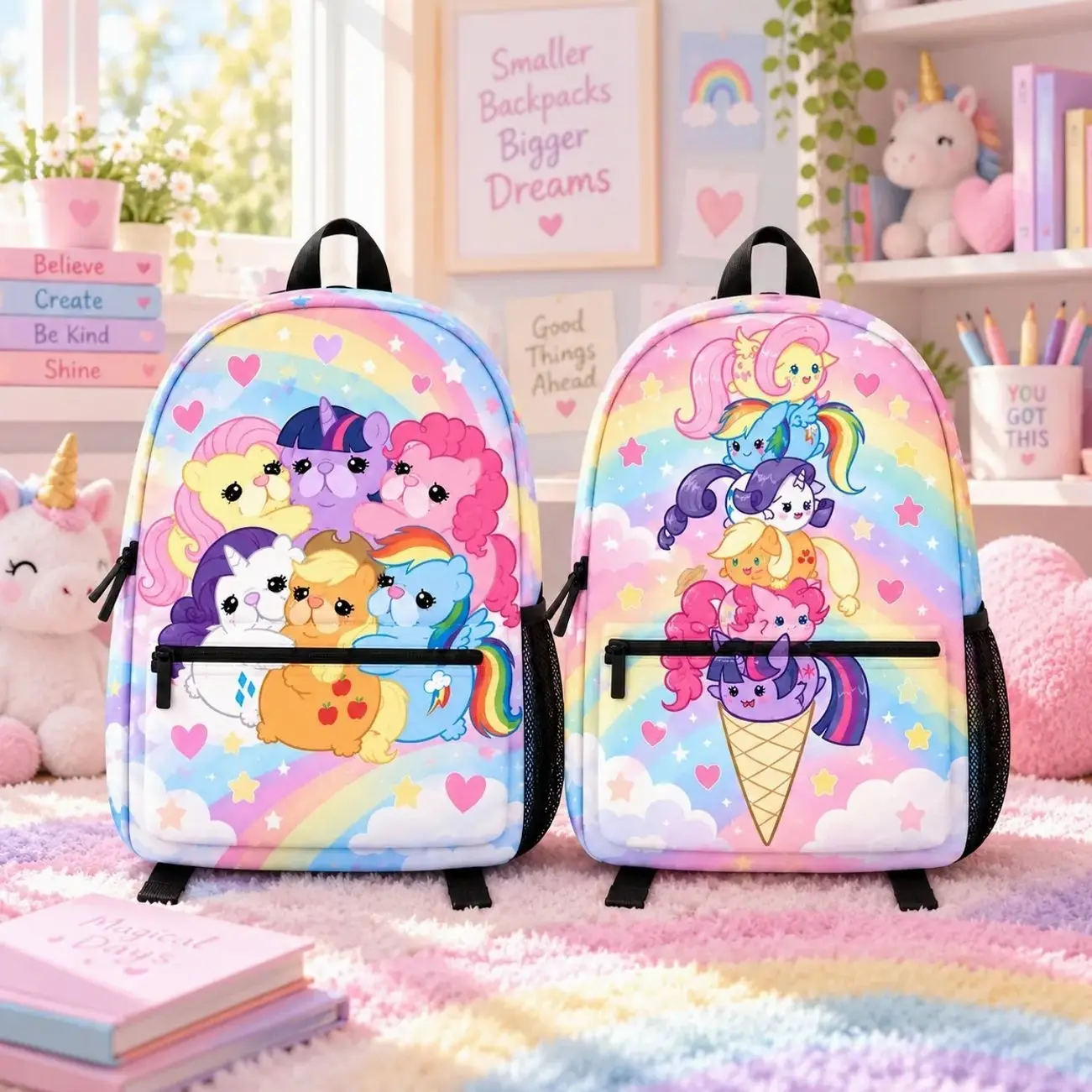 My Little Kawaii Rainbow Backpack, Cute Pastel Cartoon Horse School Bag, Colorful Bookbag, Magical Unicorn Inspired Backpack