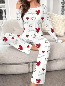 Women's Casual Heart Print Long Sleeve Fitted Pajama Set, Comfortable Sleepwear for Everyday Use, Stylish Loungewear for Home