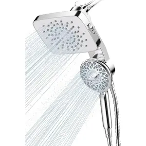 High  Rain Shower  with Handheld Combo - 2 Modes Fixed + 5 Modes Handheld , Detachable Design, Built-in  Docking, Leakproof 6ft Hose, Chrome