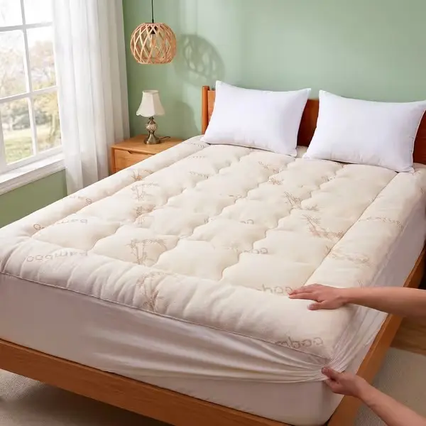 Bamboo Fiber High Fluffy Mattress, Breathable Sweat Absorbent Pressure Relief Pad, Soft Skin-Friendly Durable Washable Mattress Protector, Large Deep Pocket, Suitable for Home Camping RV