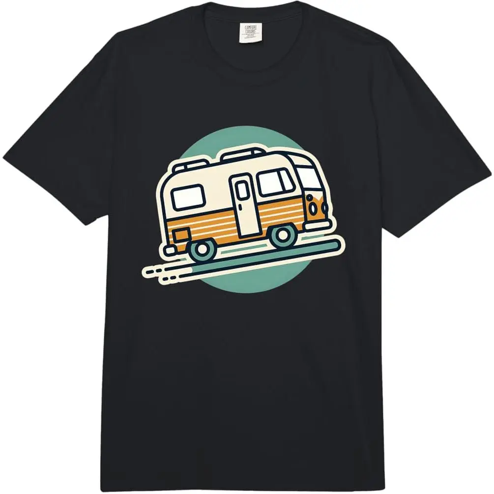 Unisex 100% Premium Cotton Heavyweight Crew Neck Short-Sleeve Tee - Retro Camper Print, Casual Happy Camper Van Life Outdoor Sports Top, Comfort Colors Adult Graphic Tee