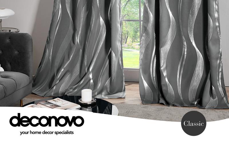 Blackout Curtains 2 panels, Deconovo Blackout Back Tab Silver Curved Wave Pattern Printed  Window Curtains for Living Room curtain