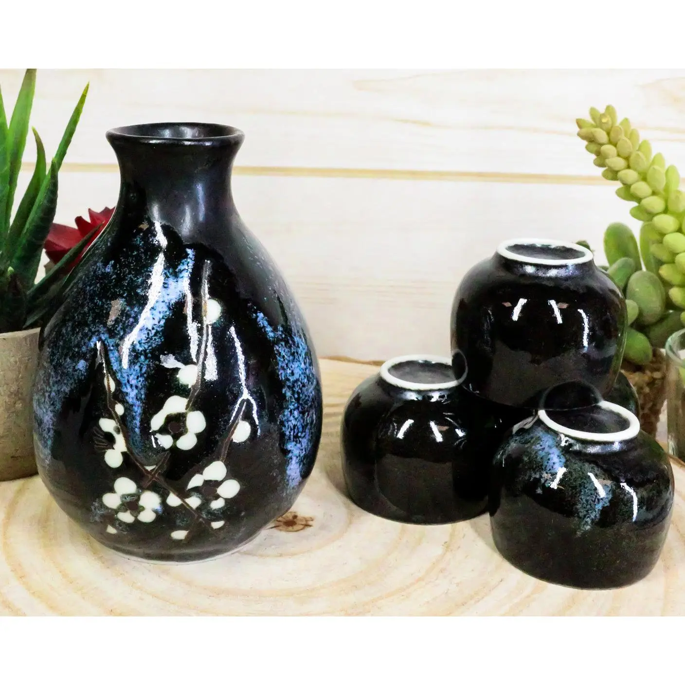 Made In Japan Ceramic Midnight White Cherry Blossoms Sake Flask With 4 Cups Set