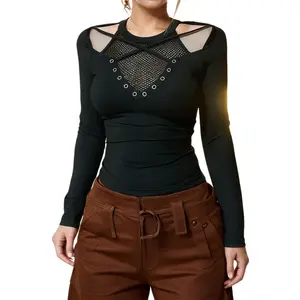 Punk T Shirt for Women - Black Crew Neck Long Sleeve, Grunge Cutout Fishnet, Western Goth Top Tee for 2000s Dance and Streetwear