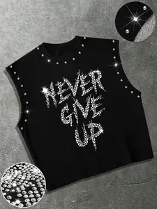 Summer Casual Letter Rhinestone Sleeveless Vest, Rivet Decor Street Style Round Neck Top, Fitness & Daily Wear, Trendy & Comfortable