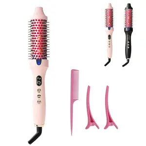Thermal Brush, Red Light Blowout Boost 1.5 inch Heated Round Brush for Blowout Look, Dual Voltage, Pink, Black, Tourmaline Ceramic, Negative Ion Technology, 5 Temperature Settings, Less Damage