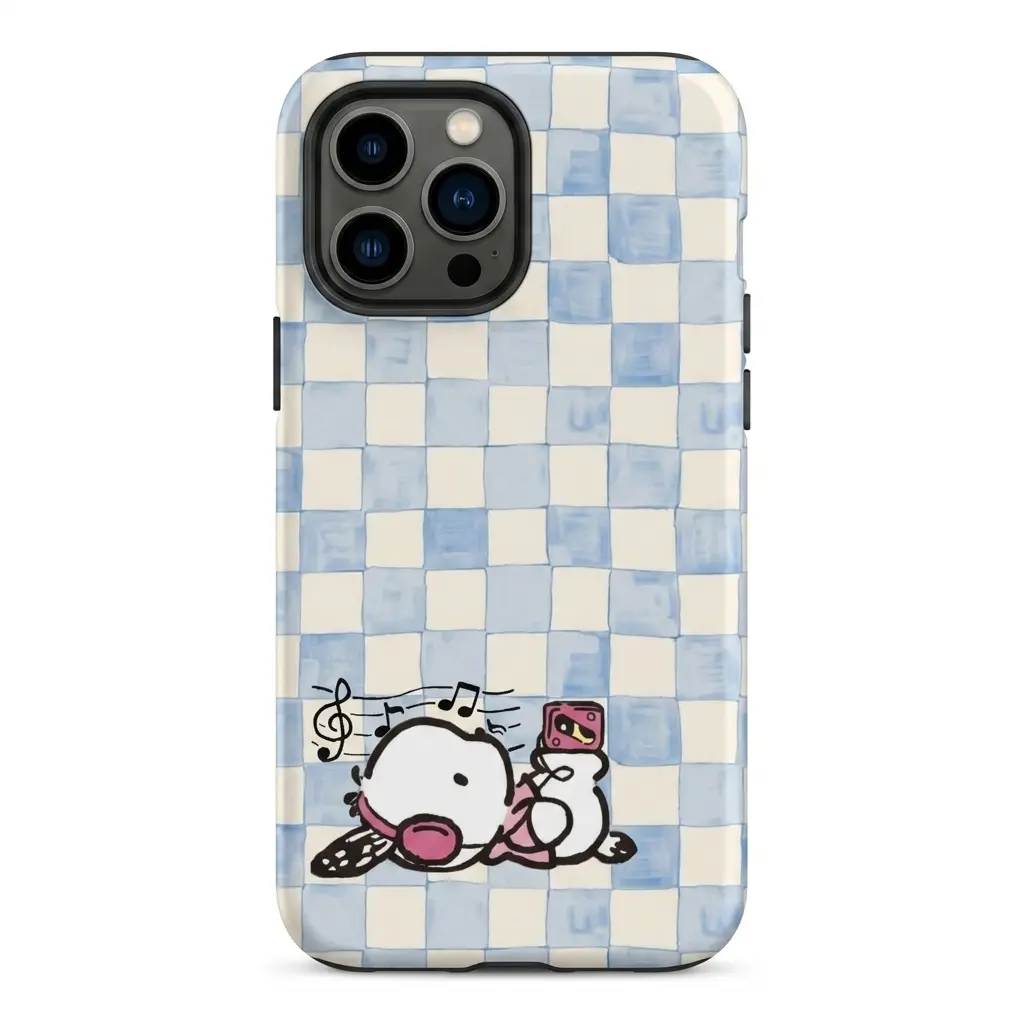Pochacco Music Blue Checkerboard Case for iPhone 11-17 Pro Max Galaxy S21-S26 Ultra, Cute Pastel Gingham Retro Headphones Full Wrap Protective Phone Cover