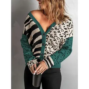 Women's Fashion Colorblock Knit Cardigan, V Neck Leopard Stripe Design, Sexy Fitted Sweater for Spring & Fall