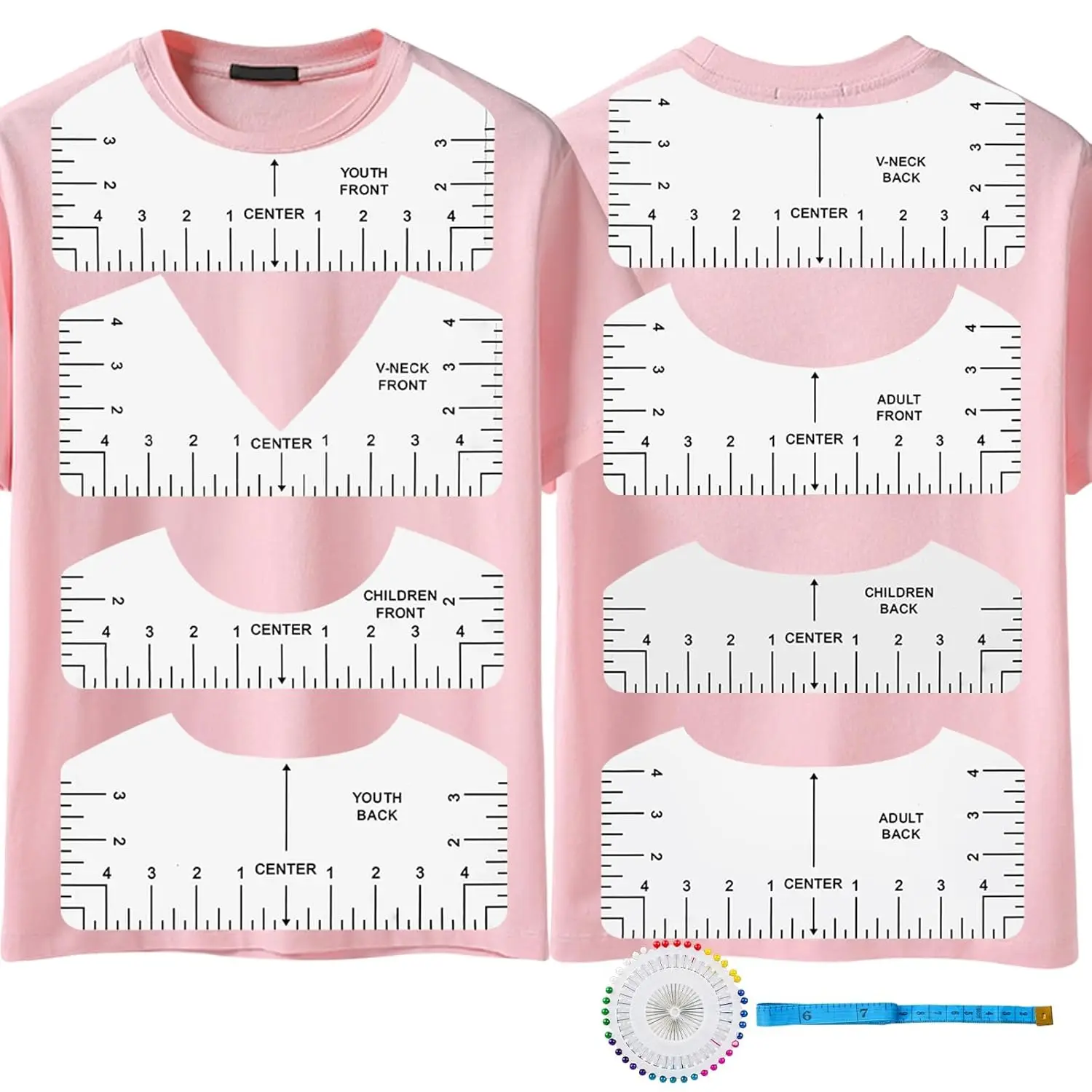 Tshirt Ruler Guide Vinyl Alignment, Transparent V-/Round PVC Ruler for Alignment, Designs Pocket Logo, Fit for Heat Press, Alignment,  Youth Adult, Front and  Measurement