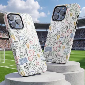Soccer Doodle Pattern Glossy Tough Phone Case 11 to 17 series S23 to S25 - Football Sports Sketch Protect Phone Case - Athlete Game Day Aesthetic Gift for Cases For 11 12 12Pro 12 Promax 13 14 15 16 17Pro