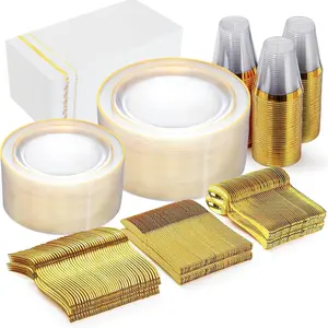 GATHER 350pcs Clear and Gold Plastic Plates-Disposable Clear Plates with Gold Trim Dinnerware for 50 Guests-50 9inch Plates,50 6.3inch Plates,50 Napkins with Cutlery,50 Cups for Party& Halloween