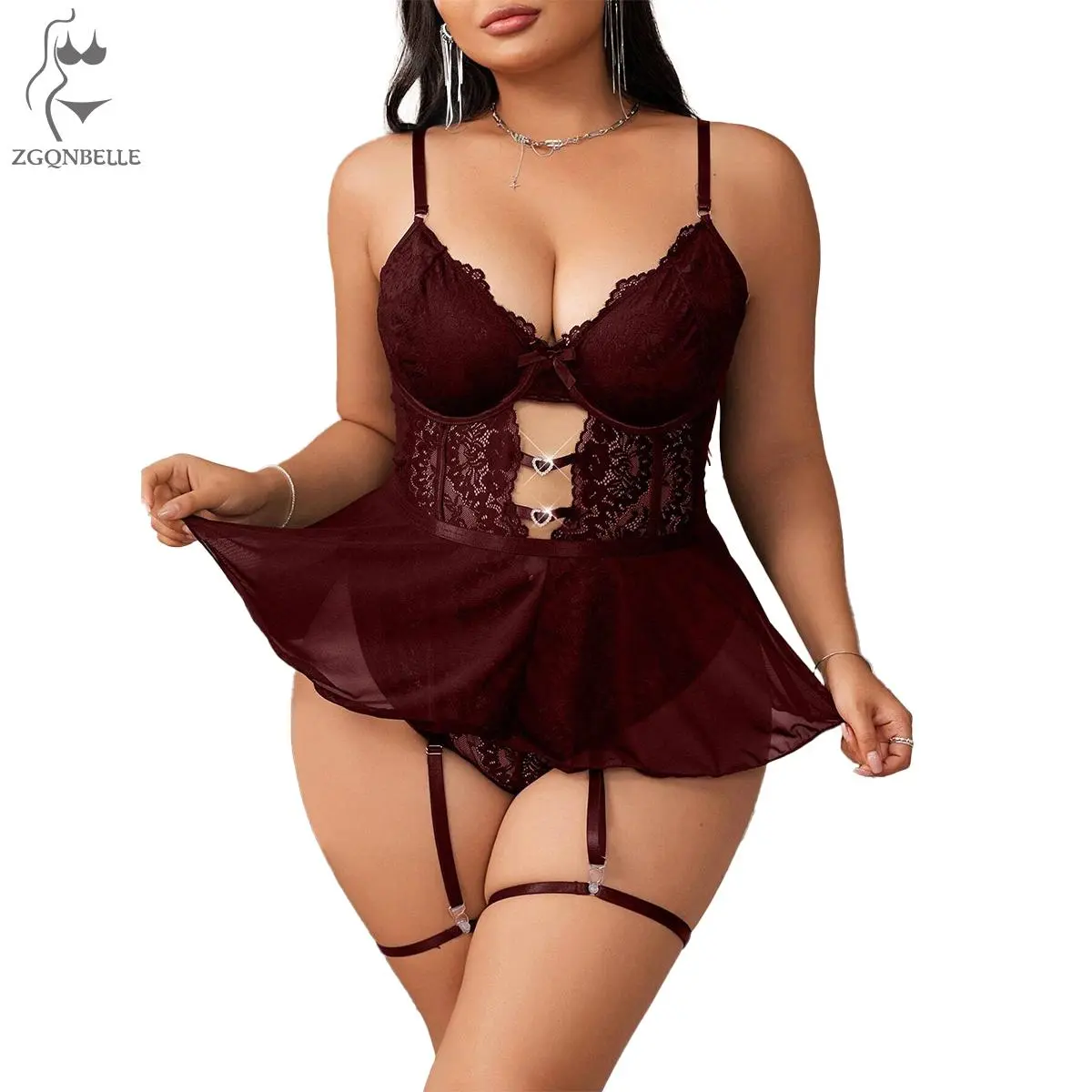 Women's Plus Size 4-Piece Sexy Fantasy Lingerie Set - Floral Lace & Mesh Cut-Out Bra, Panty, Rhinestone & Bow Garter Belt, Spandex-Polyester Fabric, High Stretch, Machine Washable for Valentine's Day, Halloween, Christmas Intimate Moments