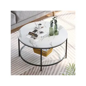 High quality  Round Glass For Living Room 2 Tier Marble Coffee With Storage Shelf Modern Wood Center Table