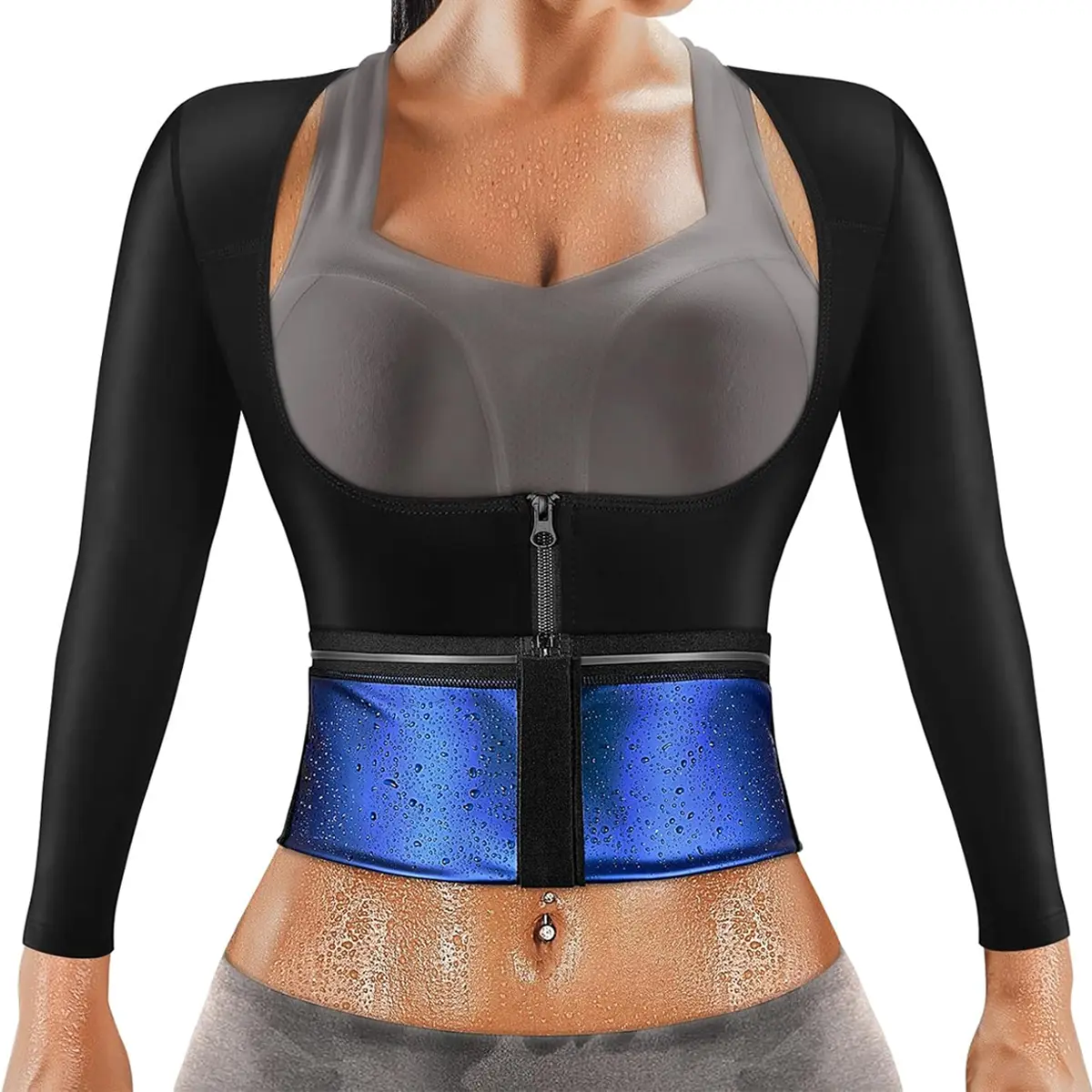 Women's Long Sleeve Sauna Suit Top, Zip-Up Compression Waist Trainer with Tummy Control, Sport Activewear for Gym Workouts