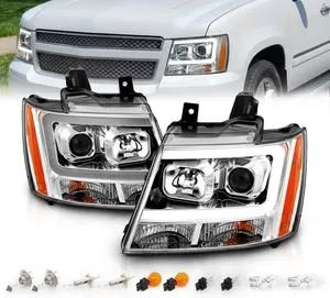AmeriLite for 2007-2013 Chevy Avalanche Suburban Tahoe SUV Super Bright LED Bar Projector Chrome Replacement Headlights Pair - Left and Right Side