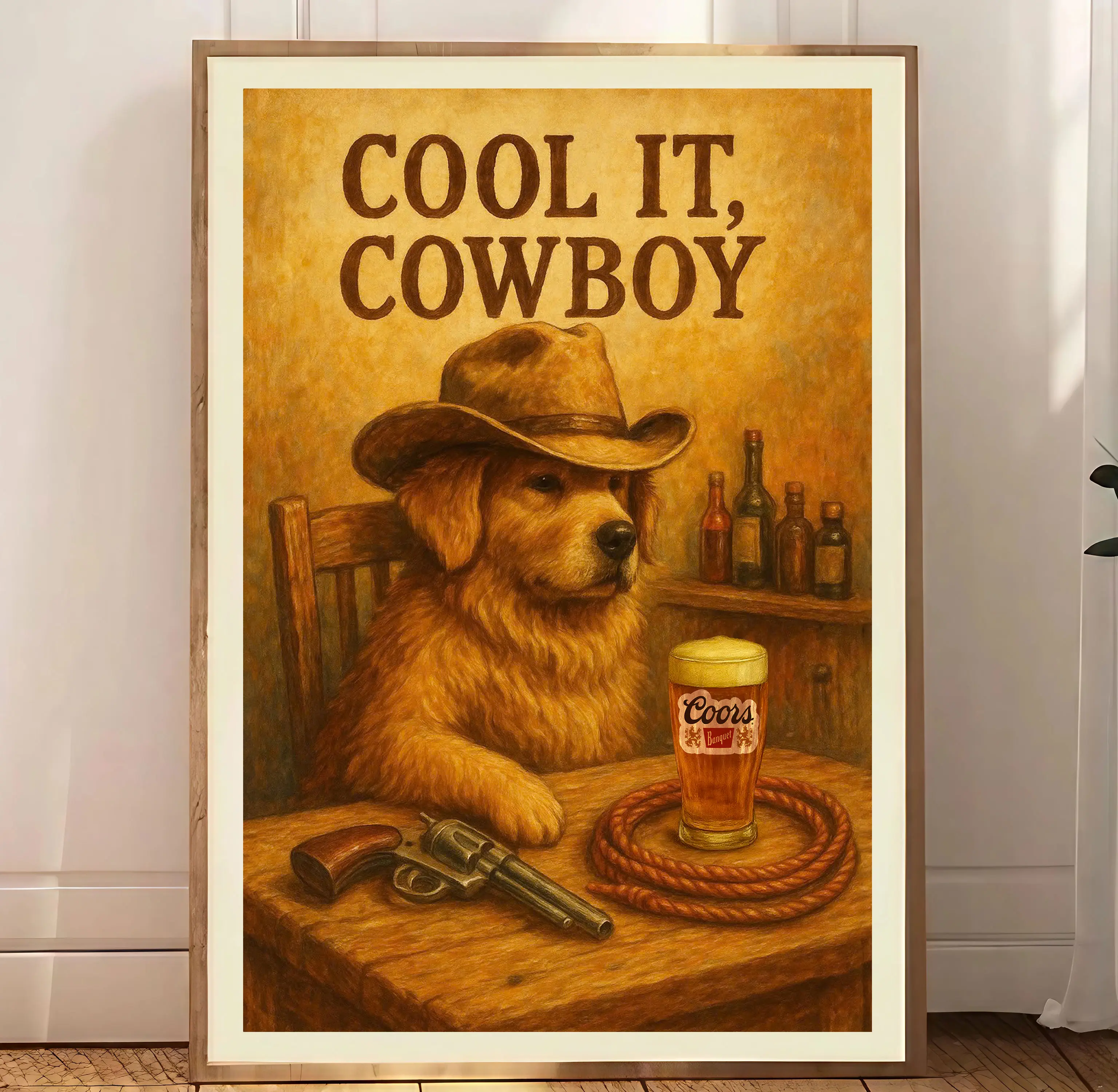 Cool it Cowboy Dogs wall Art, Country Bandana Dog Poster, Rustic Western Dog Coors-B print, Farmhouse Pet Cabin Decor, Unique Gift for Him UnFramed
